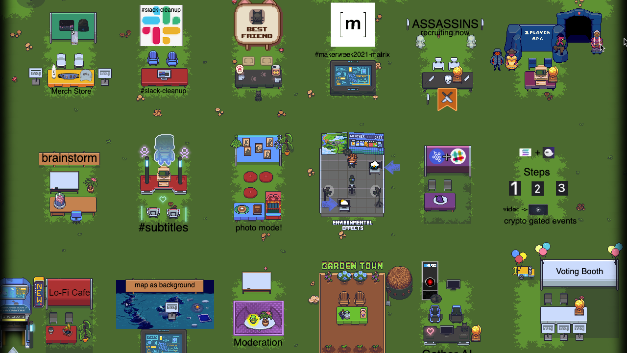 The Maker Week Space in Gather, showing decorated booths for each team's project. 